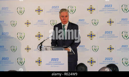 Stade national de football à Windsor Park, Belfast, Irlande du Nord, Royaume-Uni. 01 novembre 2018. L'Irish Football Association (IFA - Irlande du Nord) et l'Association de football de l'Irlande (République d'Irlande - FAI) a annoncé aujourd'hui qu'ils s'agirait d'une candidature à l'UEFA dans le cadre de la finale du championnat (21) en 2023. FAI Directeur John Delaney à aujourd'hui. Crédit : David Hunter/Alamy Live News. Banque D'Images