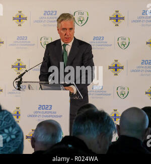 Stade national de football à Windsor Park, Belfast, Irlande du Nord, Royaume-Uni. 01 novembre 2018. L'Irish Football Association (IFA - Irlande du Nord) et l'Association de football de l'Irlande (République d'Irlande - FAI) a annoncé aujourd'hui qu'ils s'agirait d'une candidature à l'UEFA dans le cadre de la finale du championnat (21) en 2023. FAI Directeur John Delaney à aujourd'hui. Crédit : David Hunter/Alamy Live News. Banque D'Images