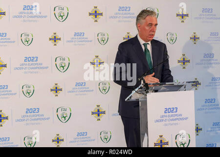 Stade national de football à Windsor Park, Belfast, Irlande du Nord, Royaume-Uni. 01 novembre 2018. L'Irish Football Association (IFA - Irlande du Nord) et l'Association de football de l'Irlande (République d'Irlande - FAI) a annoncé aujourd'hui qu'ils s'agirait d'une candidature à l'UEFA dans le cadre de la finale du championnat (21) en 2023. FAI Directeur John Delaney à aujourd'hui. Crédit : David Hunter/Alamy Live News. Banque D'Images