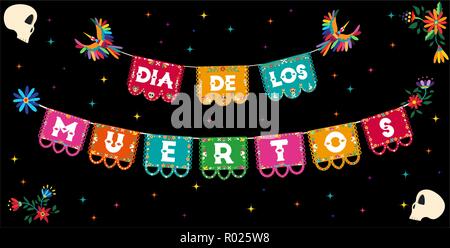 Le Jour des morts illustration en langue espagnole pour la célébration de la culture mexicaine traditionnelle avec du sucre des crânes et des drapeaux en papier coloré. Illustration de Vecteur