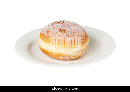 Un vanlilla berliner donut sur un plateau isolé sur fond blanc. Banque D'Images