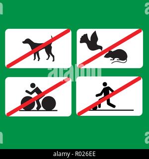 Plusieurs interdictions des signes dans le parc : pas de vélo, pas de chiens, pas de football, ne pas nourrir les pigeons Illustration de Vecteur