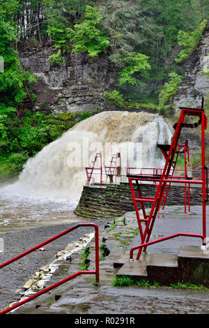 Lifeguard tower par Lower Falls Cascade dans la pluie lors de la baignade zone fermée, Robert H. Treman State Park, près de l'Ithaca NY, USA Banque D'Images