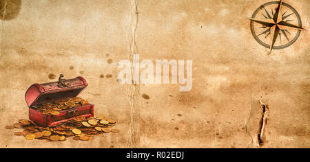 Old grunge papier vierge feuille avec rose des vents et threatsure poitrine Banque D'Images