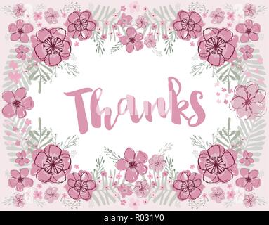 Merci vector rose et bourgogne florals avec des feuilles vert-bleu sur une couronne de fleurs modifiable fond rose clair. Illustration de Vecteur