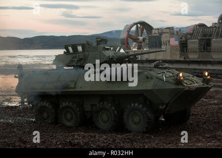 Un véhicule blindé léger de disques sur Alvund Beach, la Norvège après débarquement d'un landing craft air cushion au cours d'un débarquement amphibie à l'appui du stade 18 Trident, le 30 octobre 2018. Stade Trident offre un environnement unique pour les Marines et les marins de répéter leurs capacités amphibies. Le LCACs est issue d'USS New York (LPD 21) et mis en valeur la capacité de l'Iwo Jima Groupe amphibie et le 24e Marine Expeditionary Unit à projeter rapidement sa puissance de combat à terre. Le véhicule est à 2e Bataillon de reconnaissance blindé léger, 24e MEU. (U.S. Marine Corps photo de Lance C Banque D'Images