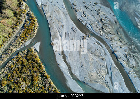 Tresses de rivière Rakaia, près de l'embouchure du fleuve Rakaia, Mi Canterbury, île du Sud, Nouvelle-Zélande - vue aérienne Banque D'Images