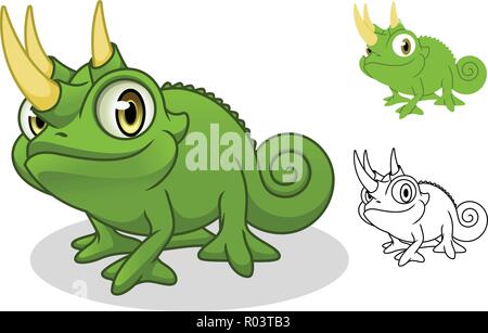 Jackson's chameleon mascot cartoon character design, y compris télévision et ligne art design, isolé sur fond blanc, vector clip art illustration. Illustration de Vecteur