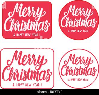 Inscrivez-Set stamp typographie Joyeux Noël et Bonne Année sur rectangulaires et ronds. Inscription lettrage dessiné à la main isolé sur fond blanc. Illustration de Vecteur