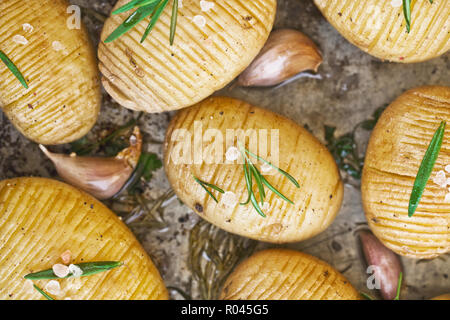 Pommes de terre Hasselback fraîchement cuit au four avec des herbes et l'ail Banque D'Images
