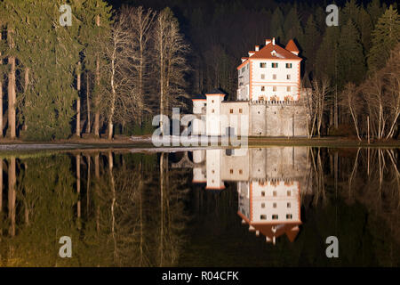 Sneznik Castle reflète dans l'eau d'hiver, près de l'Kozarisce, Notranjska, Slovénie Banque D'Images