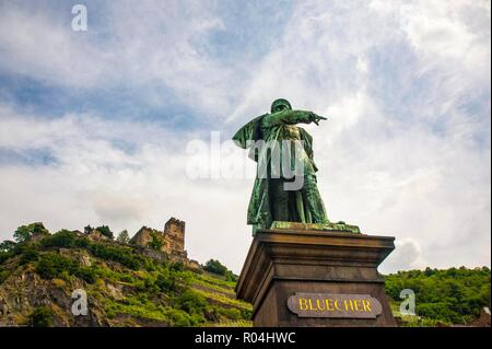 Allemagne, KAUB, Statue du général Bluecher qui ont traversé le Rhin gelé à Kaub avec son armée en janvier 1814 à repousser, Napolen Banque D'Images