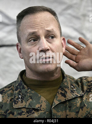 Le Major-général Dave Furness le général commandant de l'US Marine Corps 2e Division de marines de l'Otan au cours de l'exercice Trident tournant de la Norvège, qui comporte plus de 50 000 hommes, 65 navires, 10 000 véhicules et 250 avions de tous les 29 États membres de l'alliance et ses partenaires. Banque D'Images