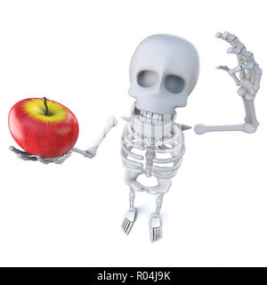 3D render of a funny cartoon skeleton holding an apple Banque D'Images