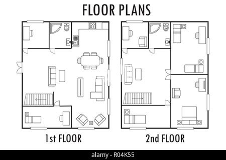 Plan d'architecture avec des meubles. Chambre première et deuxième étage plan, isolé sur fond blanc,stock vector illustration Illustration de Vecteur