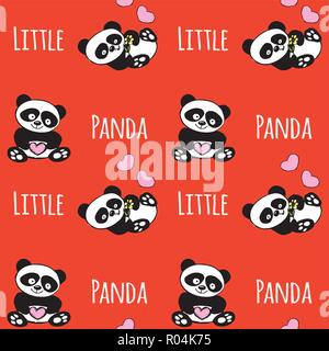 Modèle sans couture avec little panda,cute bear dessiné à la main sur fond rouge,vector illustration Illustration de Vecteur