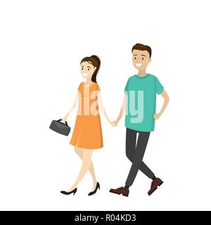 Une paire de jeunes sont à pied et tenir la main,isolé sur fond blanc,cartoon vector illustration Illustration de Vecteur