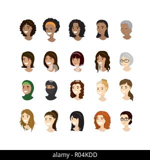 Définir visages féminins,nation différente et courses, cartoon femme avatars,isolé sur fond blanc,vector illustration Illustration de Vecteur