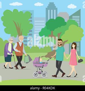 Heureux jeune famille avec un landau dans park et de couple de personnes âgées la marche. Grand-mère et grand-père. cartoon vector illustration Illustration de Vecteur