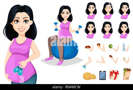 Femme enceinte. Belle Dame se prépare à être une mère. Cute cartoon character, pack de parties du corps, les émotions et les choses. Construire votre propre design. V Illustration de Vecteur