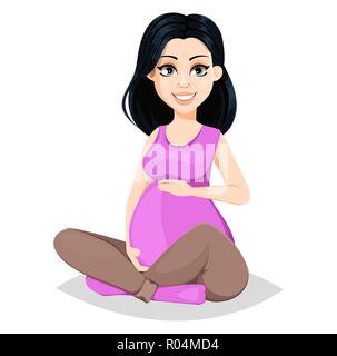 Femme enceinte. Belle Dame se prépare à être une mère. Cute cartoon character siège en yoga pose et touche son ventre. Vector illustration isolé o Illustration de Vecteur