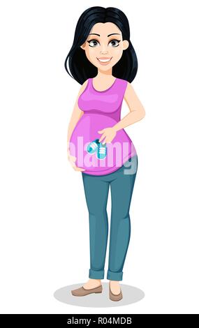 Femme enceinte. Belle Dame se prépare à être une mère. Cute cartoon character détient chaussures de bébé. Vector illustration isolé sur fond blanc Illustration de Vecteur