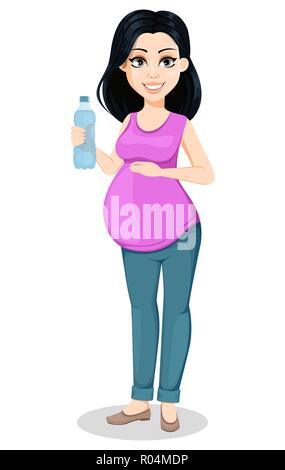 Femme enceinte. Belle Dame se prépare à être une mère. Cute cartoon character est titulaire d'une bouteille d'eau. Vector illustration isolé sur blanc backgrou Illustration de Vecteur