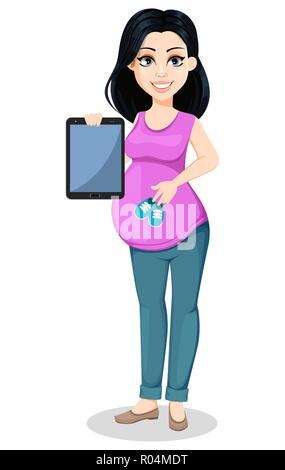 Femme enceinte. Belle Dame se prépare à être une mère. Cute cartoon character détient tablette moderne et chaussures de bébé. Vector illustration isolé sur whi Illustration de Vecteur