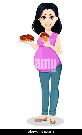 Femme enceinte. Belle Dame se prépare à être une mère. Cute cartoon character détient la plaque avec délicieux croissants. Vector illustration isolé sur whit Illustration de Vecteur