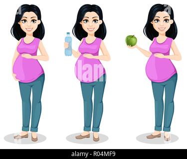 Femme enceinte. Belle Dame se prépare à être une mère, ensemble de trois poses. Cute cartoon character touche ventre, est titulaire d'une bouteille d'eau et est titulaire d'gr Illustration de Vecteur