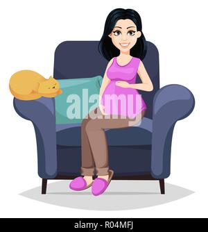 Femme enceinte. Belle Dame se prépare à être une mère. Mignon personnage est assis sur un fauteuil confortable et touche son ventre. Vector illustration Illustration de Vecteur