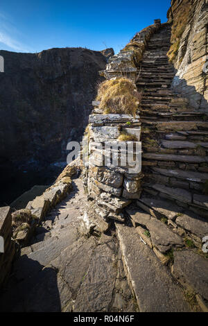 Whaligoe steps - stony raide escalier conduit jusqu'à la petite plage au-dessous de hautes falaises près de Whaligoe, village des Highlands d'Écosse. Banque D'Images