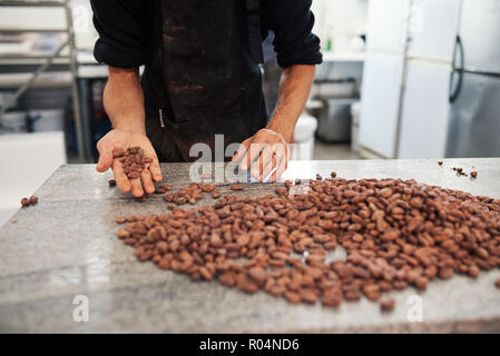 Les fèves de cacao tri travailleur dans une usine de chocolat artisanal Banque D'Images