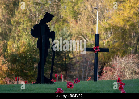 Galashiels, Ecosse, Royaume-Uni. 1er novembre 2018. Soldat Tweedbank Hommage une figure solitaire d'un soldat de la PREMIÈRE GUERRE MONDIALE, avec sa tête s'inclina, devant une croix en bois noir, portant un coquelicot hommage, entouré par de petites croix de bois chacun avec un coquelicot, en mémoire aux morts. Cet affichage le jeudi 01 novembre 2018 à Tweedbank rond-point sur la A6091, près de Galashiels dans la région des Scottish Borders (Photo de Rob Gray / offres de crédit) : Rob Gray/Alamy Live News Banque D'Images