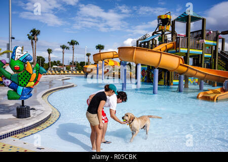 Miami Florida, Grapeland Water Park, chien A Pool Ooza, Black Beard's Beach, artiste, Romero Britto, sculpture, toboggan aquatique, aire de jeux d'eau, hispanique homme hommes mal Banque D'Images