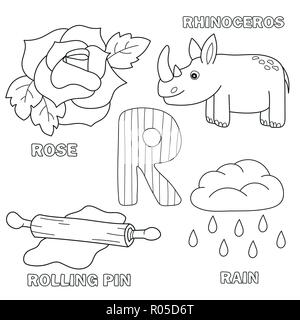 Lettre de l'alphabet avec les lettres de l'alphabet - R. livre à colorier pour les enfants Illustration de Vecteur