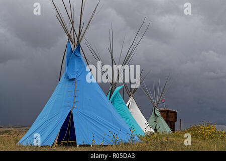 LITTLE BIG HORN (Montana), 20 Septembre 2018 : tentes indiennes au poste de traite de Little Bighorn Battlefield. Banque D'Images