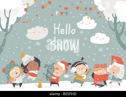 Des enfants heureux Cartoon savoir profiter de l'hiver. Bonjour snow Illustration de Vecteur