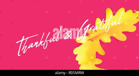 Thanksgiving vecteur bannière horizontale avec lettrage main label -joyeux Thanksgiving Day - et réaliste d'automne feuilles de chêne sur l'arrière-plan. Illustration de Vecteur