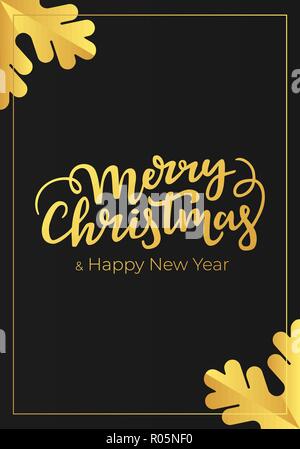 Carte postale fête typographiques de luxe avec Noël et Nouvel An salutations lettrage sur un fond noir d'un papier de qualité supérieure avec châssis d'aluminium et sn Illustration de Vecteur