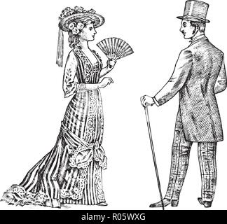 Gant d'antiquités et de l'homme. Dame victorienne et gentleman. Vêtements rétro antique. Femme en robe de dentelle à billes. Vintage style gravure. hand drawn vieux croquis monochromes. Vector illustration. Illustration de Vecteur