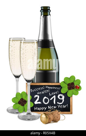 Bouteille de champagne et verres four leaf clover avec blackbooard 2019 Liège coccinelle bonne année bonjour isolé sur fond blanc Banque D'Images