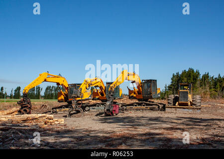 Machines utilisées dans l'industrie forestière stationné jusqu'à un site d'exploitation forestière en Nouvelle Zélande Banque D'Images