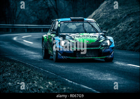 Une voiture de rallye en passant par sur des étapes en basse Silésie en Autriche. Banque D'Images