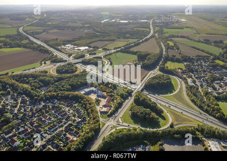 Vue aérienne, la sortie B1 et A1 L'autoroute Dortmund Dortmund l'autoroute A1 et A44, la région de masses, Unna, Ruhr, Nordrhein-Westfalen, Allemagne, DEU, Euro Banque D'Images