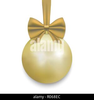 Gold Christmas ball avec ruban et un arc, isolé sur fond blanc. Vector illustration. Illustration de Vecteur