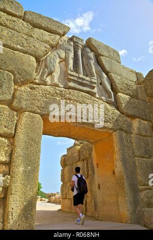 Le Lion Gate, Mycènes, Site du patrimoine mondial de l'UNESCO, l'Argolide, le Péloponnèse, Grèce, Europe Banque D'Images