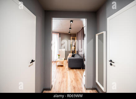 Vue intérieure sur le salon à travers le couloir fait en blanc et gris Banque D'Images