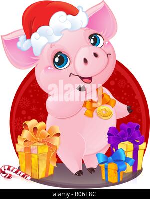 Cochon de terre jaune pour la nouvelle année 2019. Joli symbole de l'horoscope chinois. Mignon petit porcelet avec cadeaux de Noël vous souhaite joie et bonne année Illustration de Vecteur