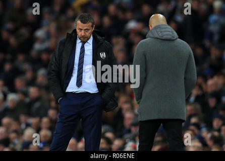 Gestionnaire de Fulham Ilaria Jokanovic a l'air abattu au cours de la quatrième série, tasse cire en match à l'Etihad Stadium, Manchester. Banque D'Images